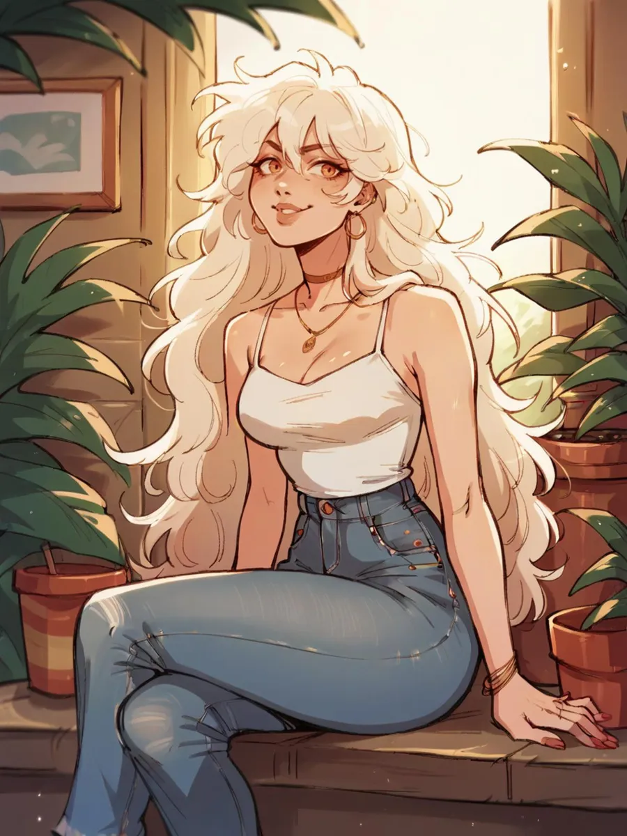 AI generated image of an anime-style girl with long blonde hair, wearing a white tank top and blue jeans, sitting in a sunlit room surrounded by green plants, created with Stable Diffusion.