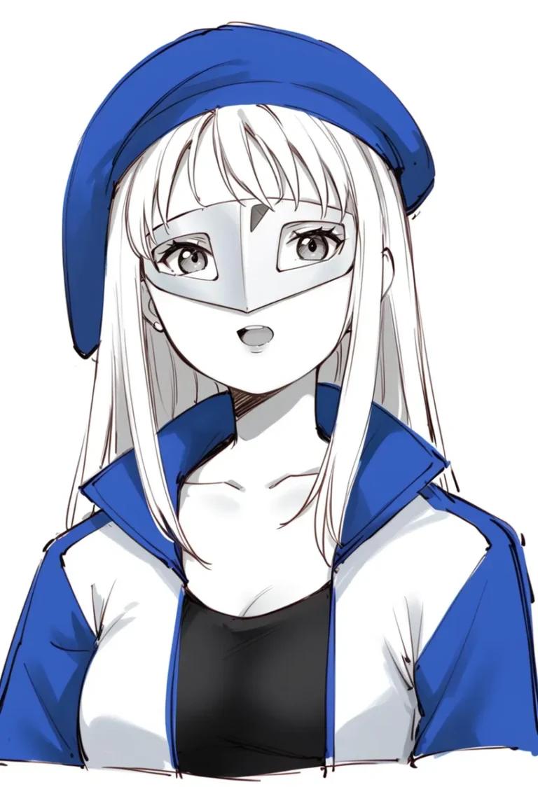 AI-generated digital art of an anime girl with a mask, blue beret, and a blue and white jacket using Stable Diffusion.
