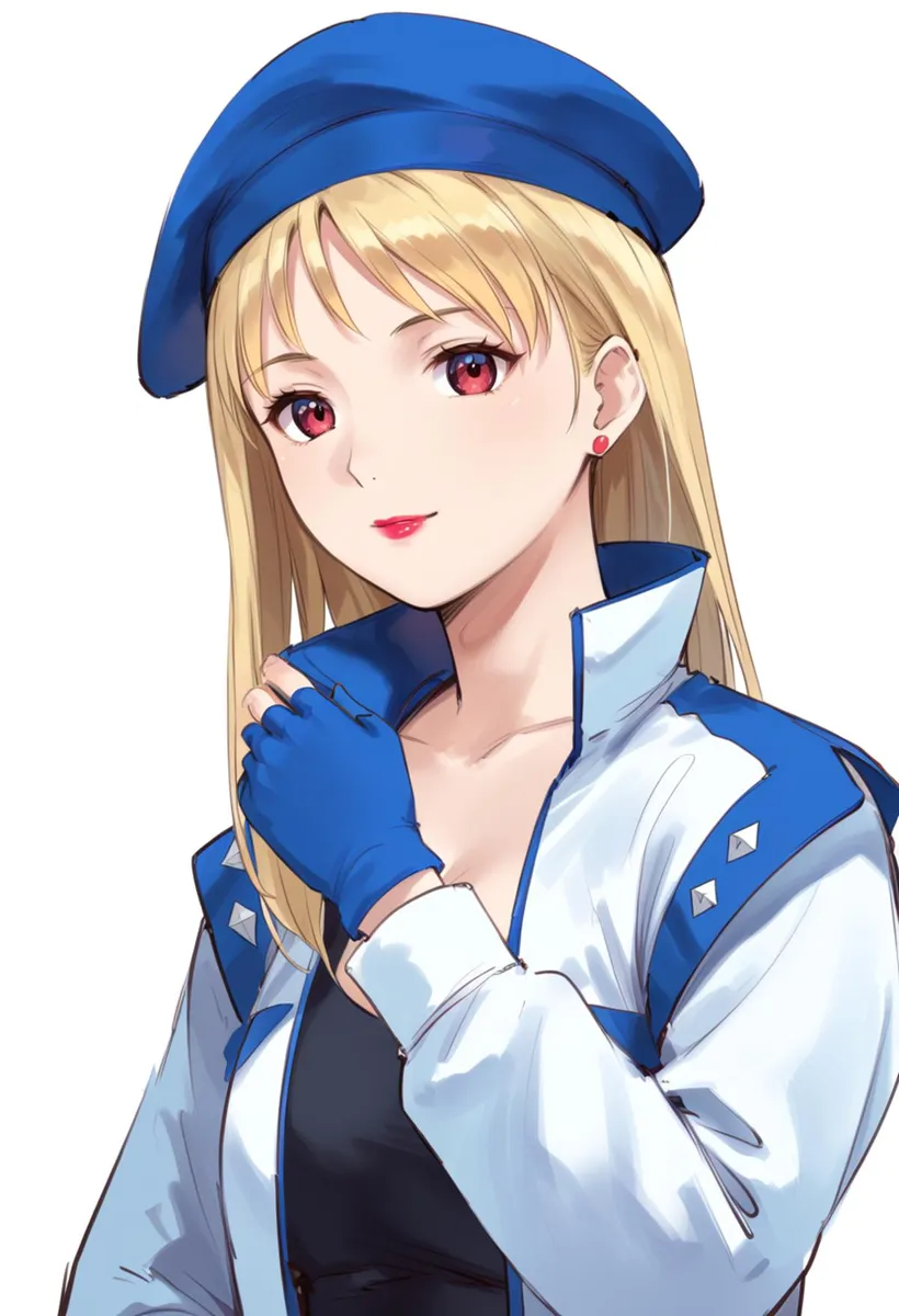 An anime-style girl with long blonde hair, red eyes, wearing a blue beret and a blue and white jacket. This is an AI generated image using Stable Diffusion.