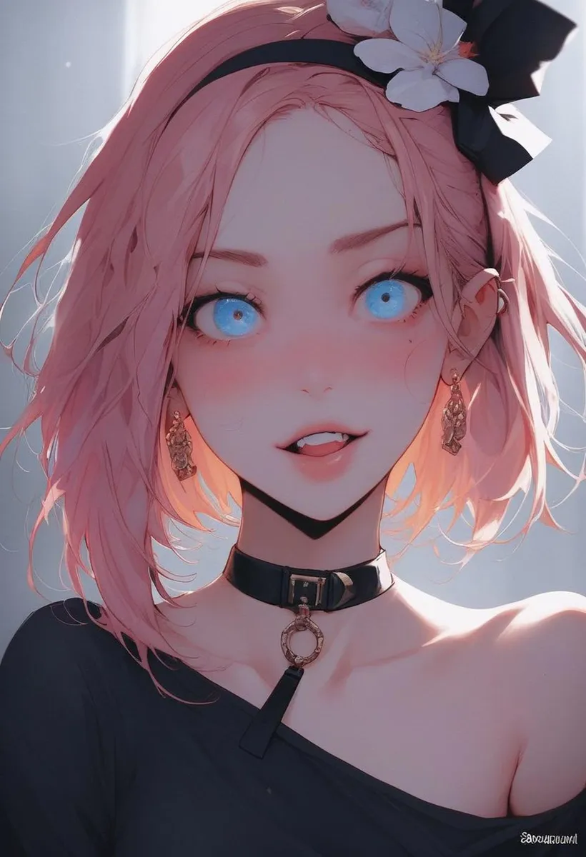 AI generated image of an anime girl with captivating blue eyes and pink hair, made using Stable Diffusion.