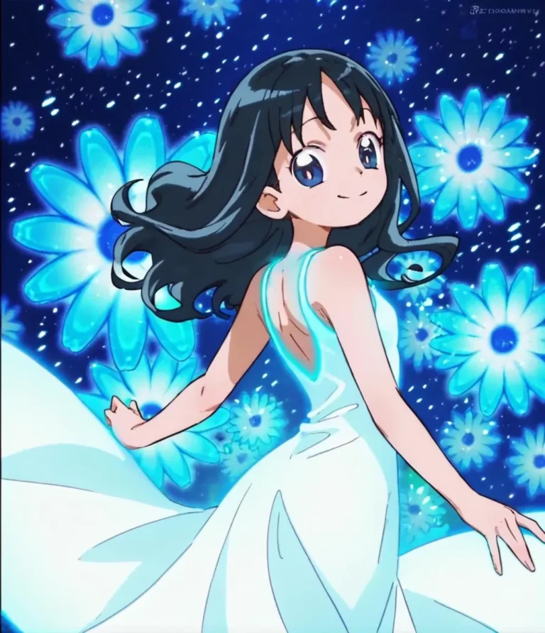 Anime girl with flowing dark hair and a white dress, surrounded by glowing blue flowers, created using Stable Diffusion.
