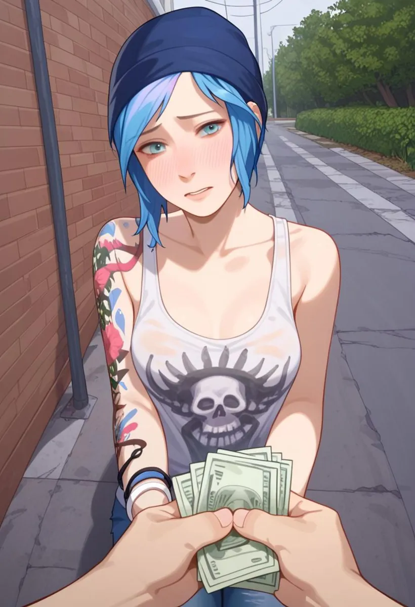 Anime girl with blue hair and a tattoo on her arm receiving money. AI generated image using Stable Diffusion.