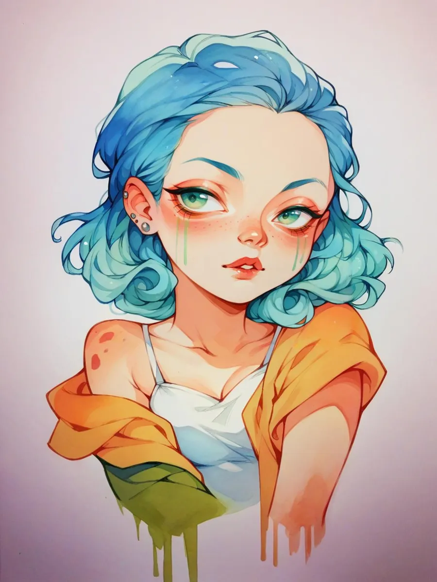 AI generated illustration of an anime girl with wavy blue hair, big green eyes, a white top, and an orange and green gradient jacket using stable diffusion.