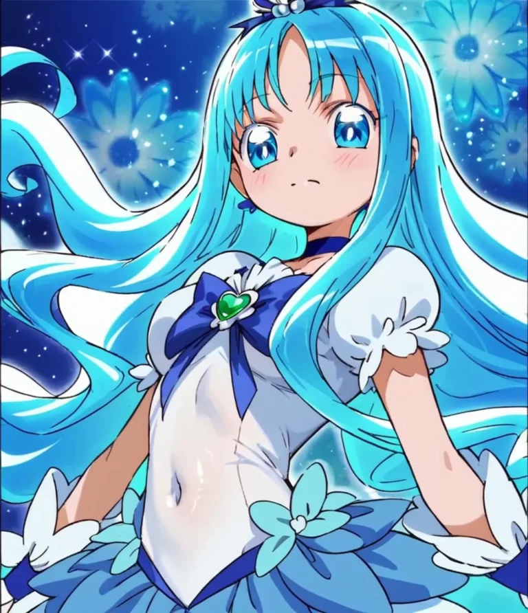 AI-generated image of a magical anime girl with long blue hair, blue eyes, and a detailed outfit, created using Stable Diffusion.