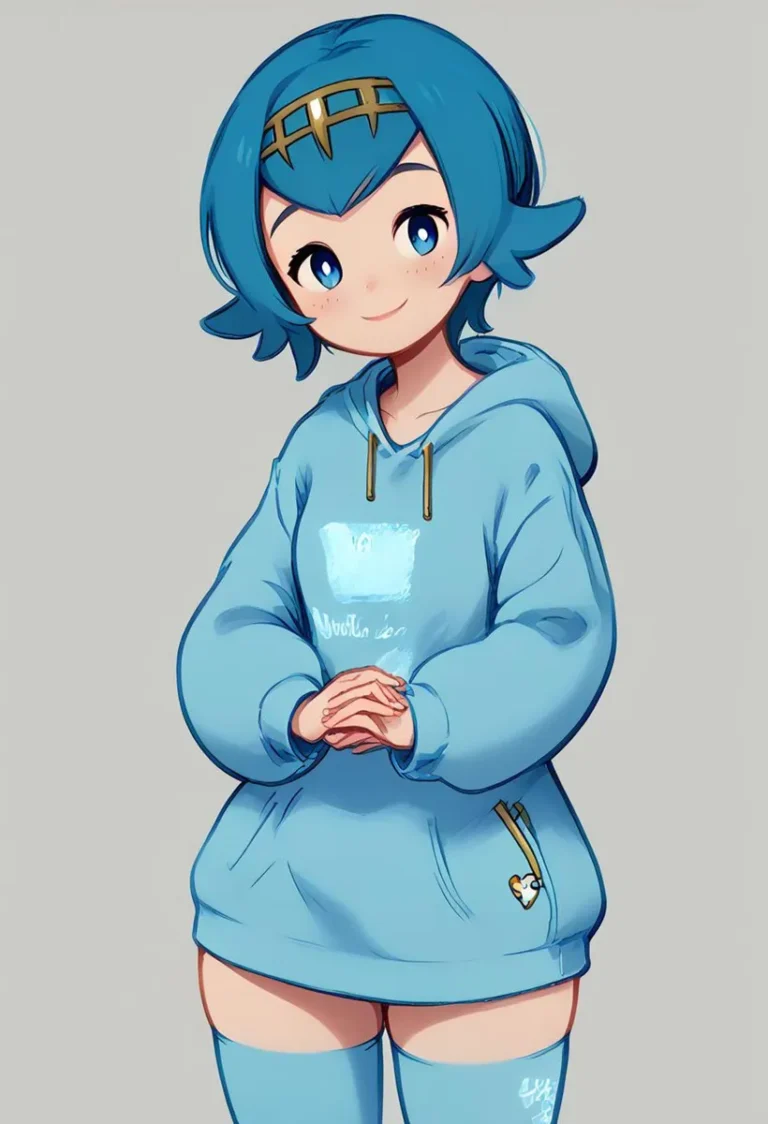 A cute anime girl with blue hair, wearing a blue hoodie and socks. This is an AI generated image using stable diffusion.