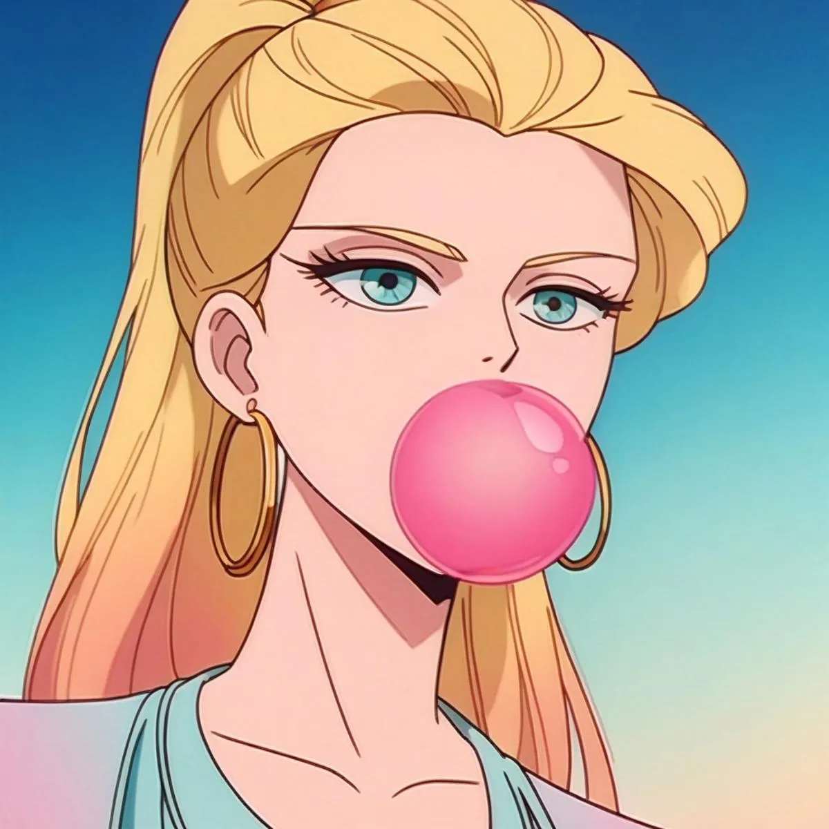 An anime girl with long blonde hair blowing a pink bubblegum bubble. This is an AI generated image using Stable Diffusion.