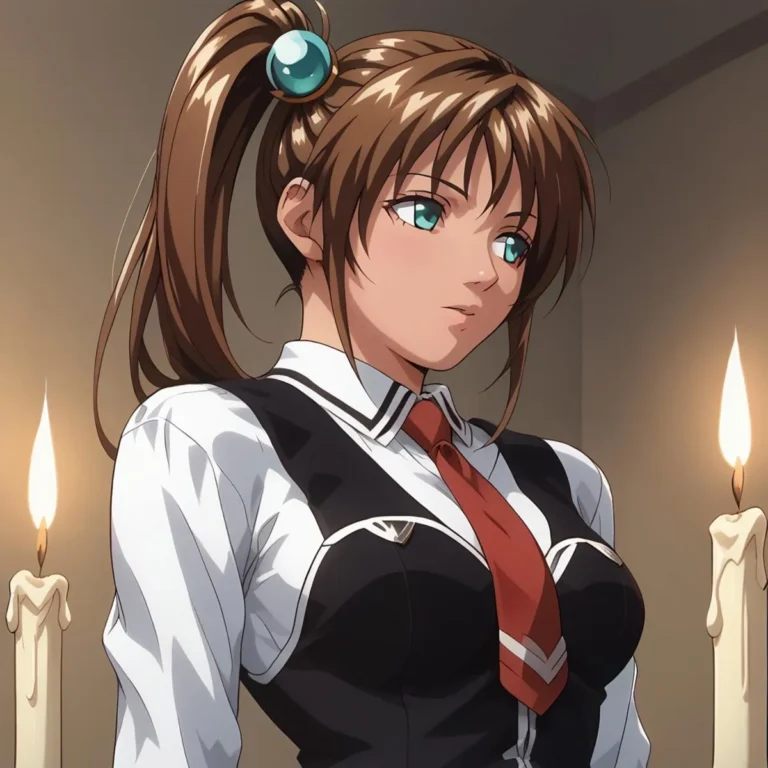 AI generated image of an anime girl with brown hair in a ponytail, wearing a school uniform, standing in a candlelit room created using stable diffusion.