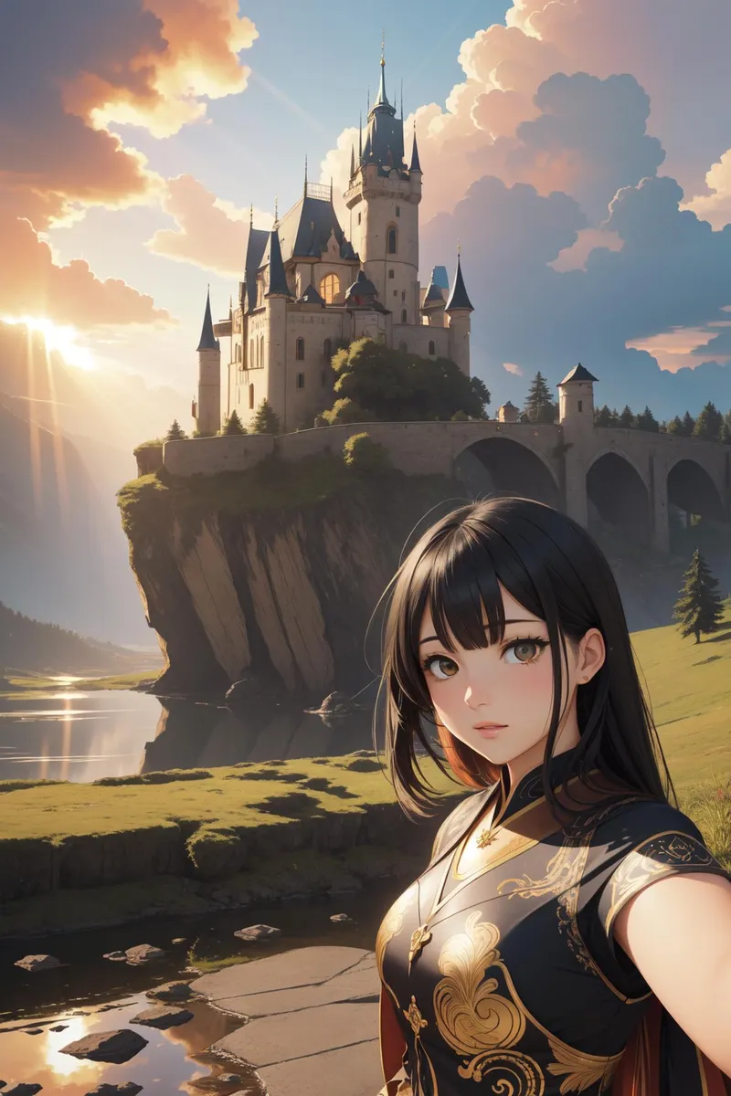 AI-generated image of an anime girl with long black hair standing near a majestic fairytale castle on a cliff during a radiant sunset using Stable Diffusion.
