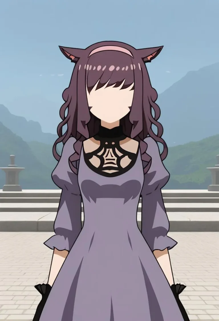 AI generated image of an anime girl in a purple dress with cat ears using Stable Diffusion.