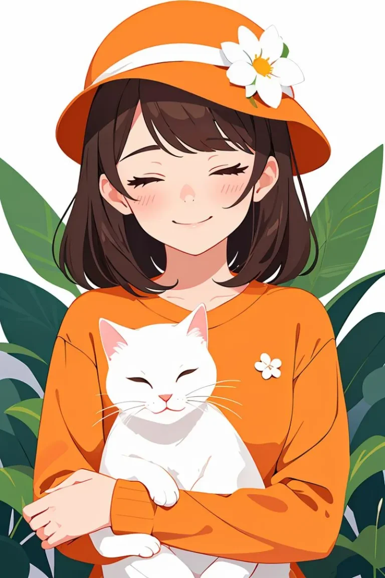 Anime-style girl wearing an orange hat decorated with a white flower, hugging a white cat. AI generated image using Stable Diffusion.
