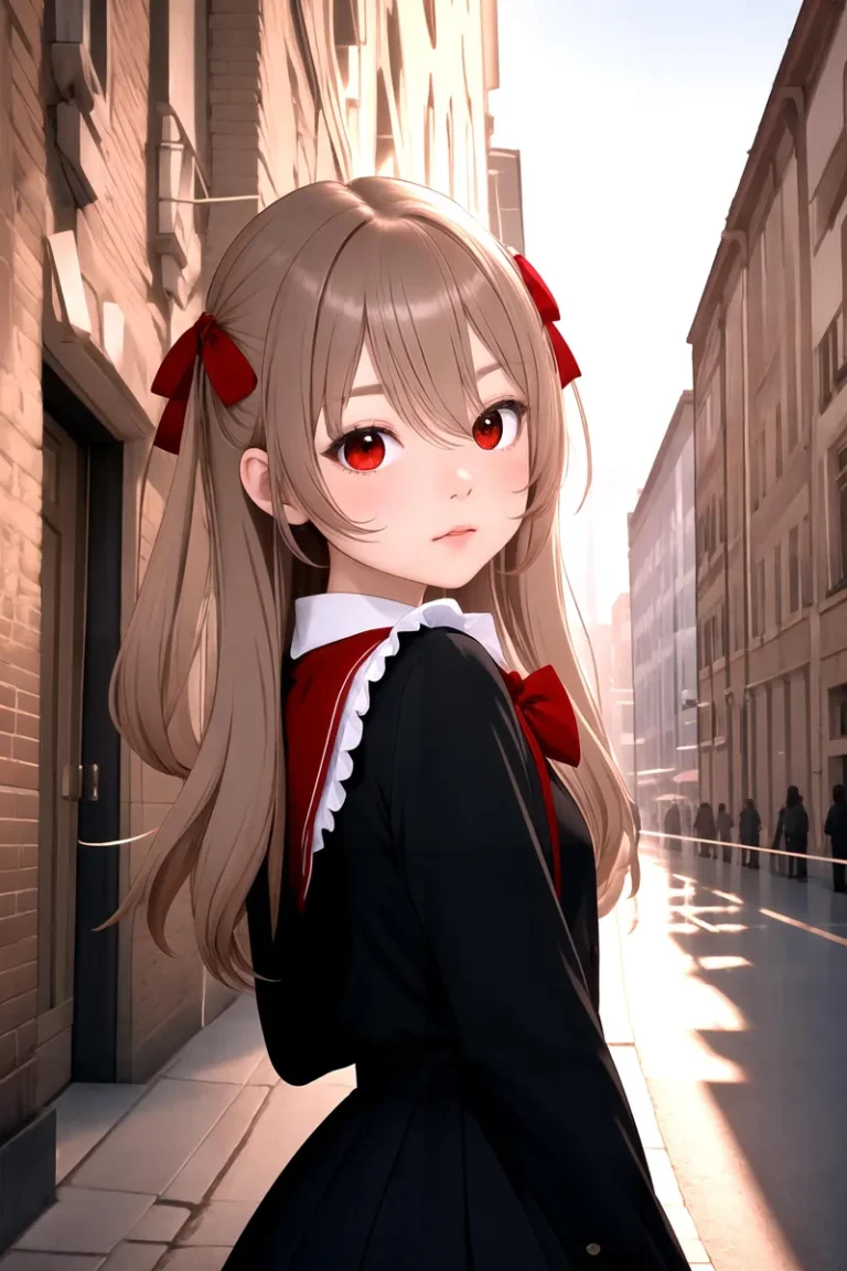 Anime girl with long light brown hair, red eyes, and red ribbons in her hair, wearing a black and white uniform with a red bow, standing on a city street in the afternoon. AI-generated image using Stable Diffusion.