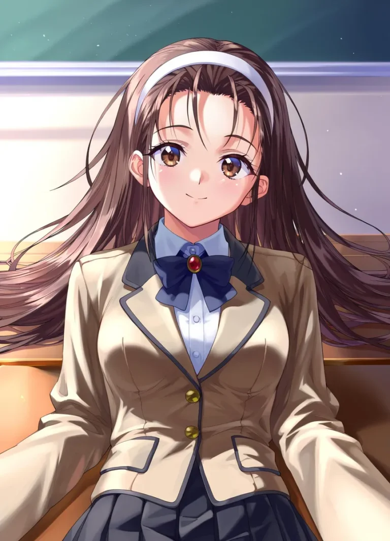 An AI generated image using Stable Diffusion of an anime girl with long brown hair, a white headband, and a beige school uniform with a blue ribbon, sitting in a classroom.