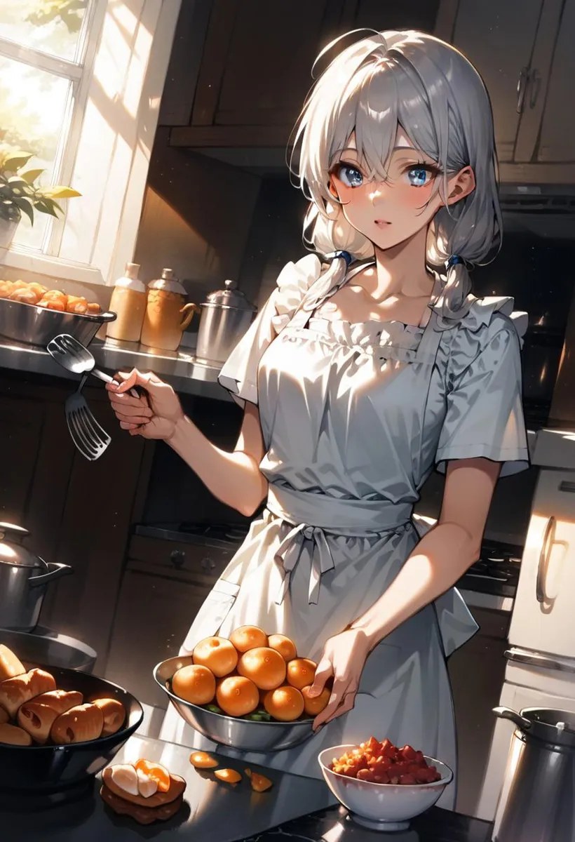 Anime girl with silver hair in a kitchen cooking various foods, AI generated using stable diffusion.
