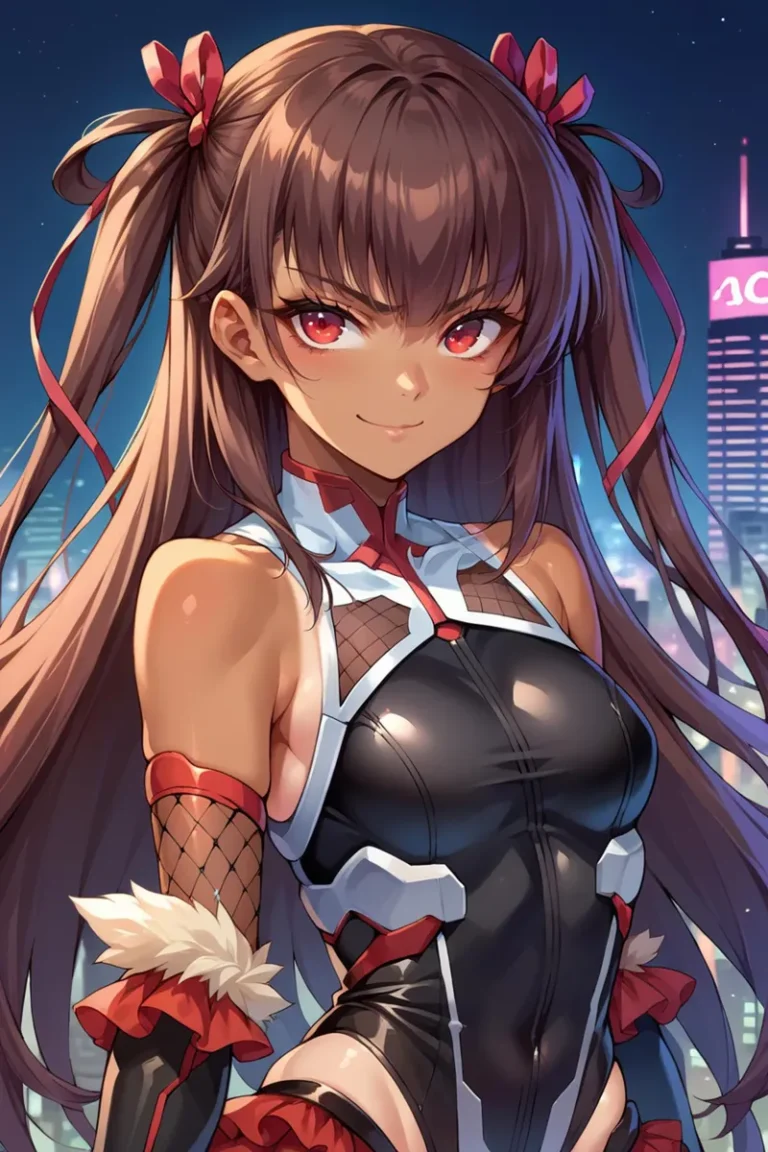 Anime-style girl with long brown hair and red eyes, dressed in a futuristic black and white outfit with red accents, standing against a cyberpunk cityscape backdrop. This is an AI-generated image using Stable Diffusion.