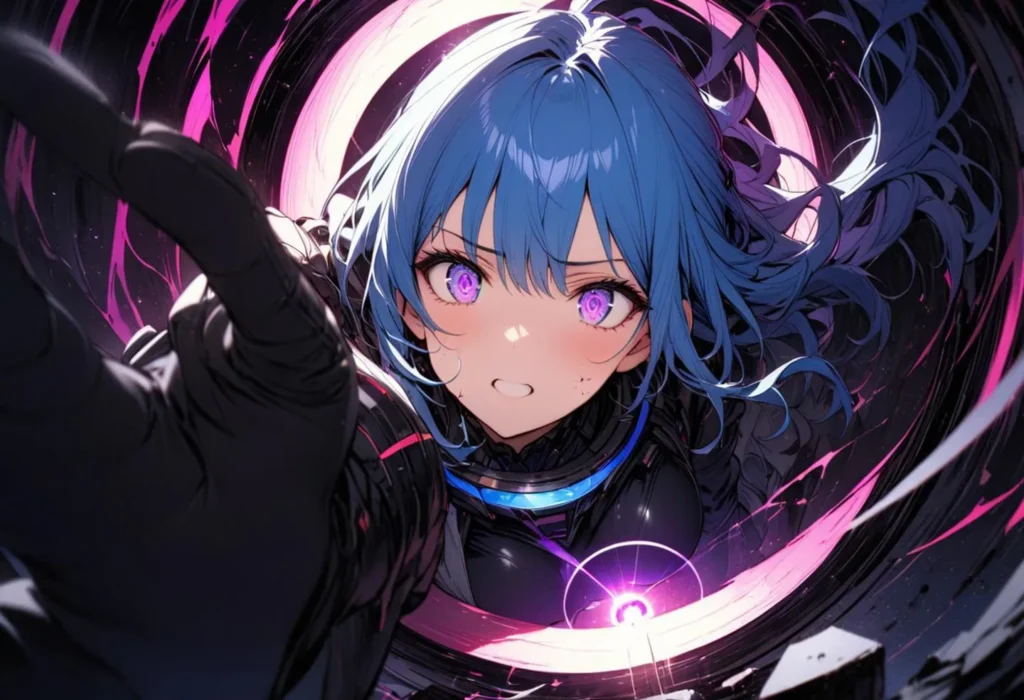 Anime girl with blue hair and purple eyes in a cyberpunk setting, AI generated using Stable Diffusion.