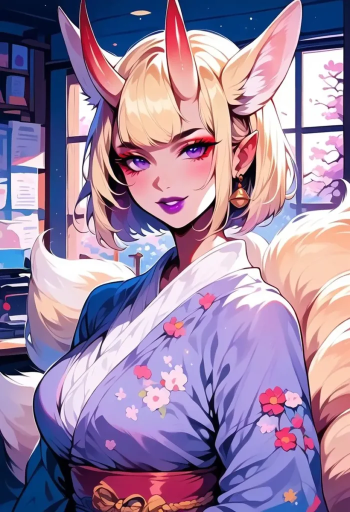 A vibrant anime-style girl with demon horns and fox ears wearing a traditional floral kimono. Generated using Stable Diffusion.