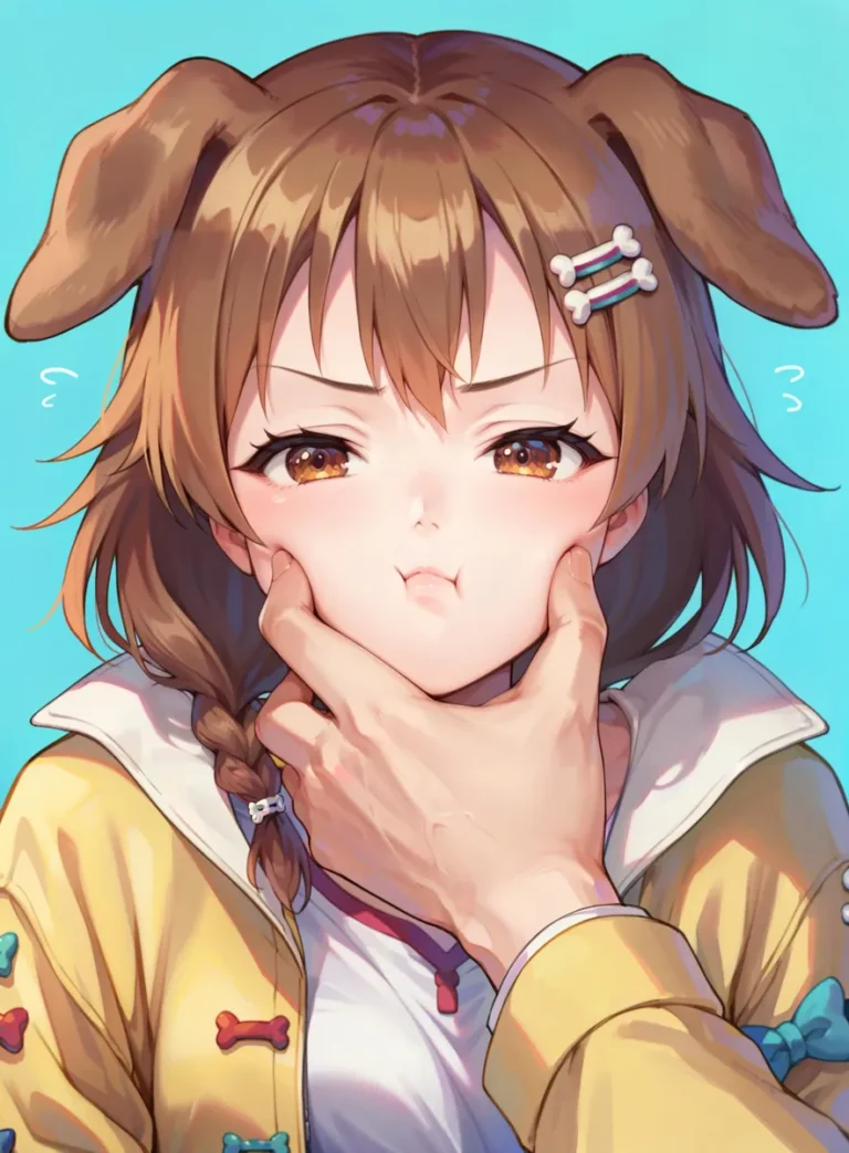 Anime girl with dog ears and a cute expression, generated by AI using Stable Diffusion.