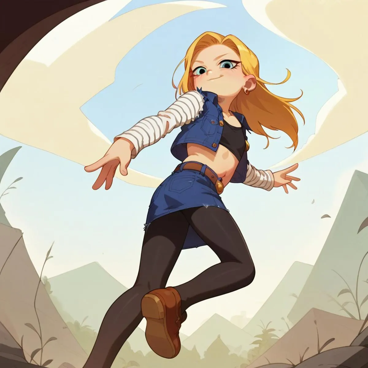 An anime girl with blonde hair, in a dynamic pose, against a beautiful outdoor scenery, generated by AI using Stable Diffusion.