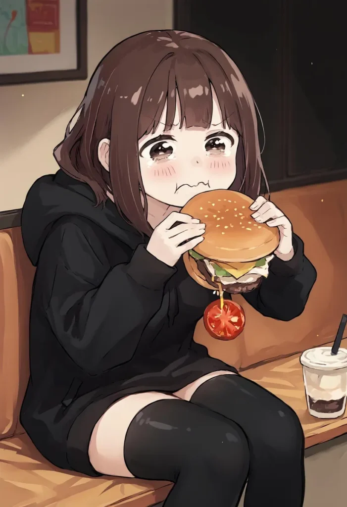 A cute anime girl in a black hoodie eating a large burger with a tomato slice falling out, sitting on a couch with a drink beside her. AI generated image using Stable Diffusion.