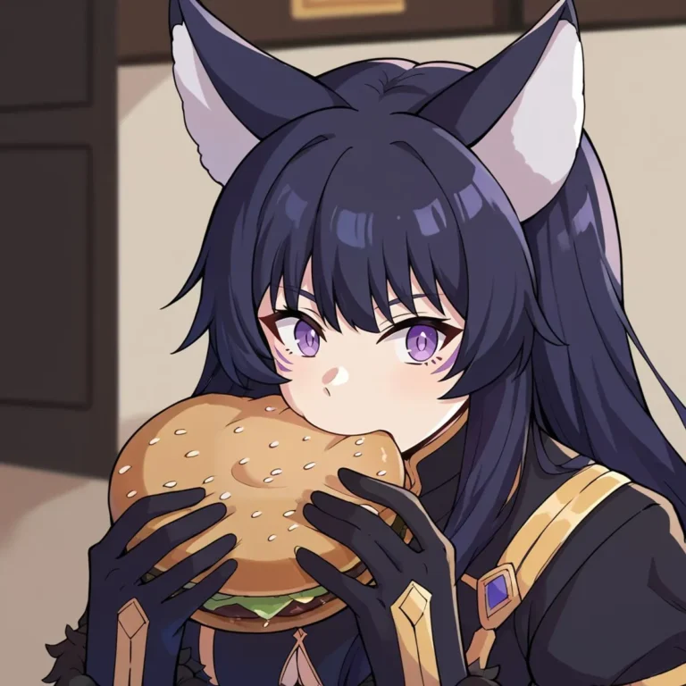 Anime girl with long black hair, cat ears, and purple eyes eating a hamburger. AI generated image using Stable Diffusion.