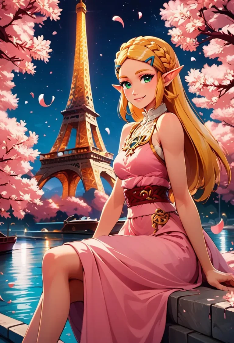AI generated image of an anime girl with long blonde hair and green eyes, sitting in front of the Eiffel Tower during cherry blossom season, created using Stable Diffusion.
