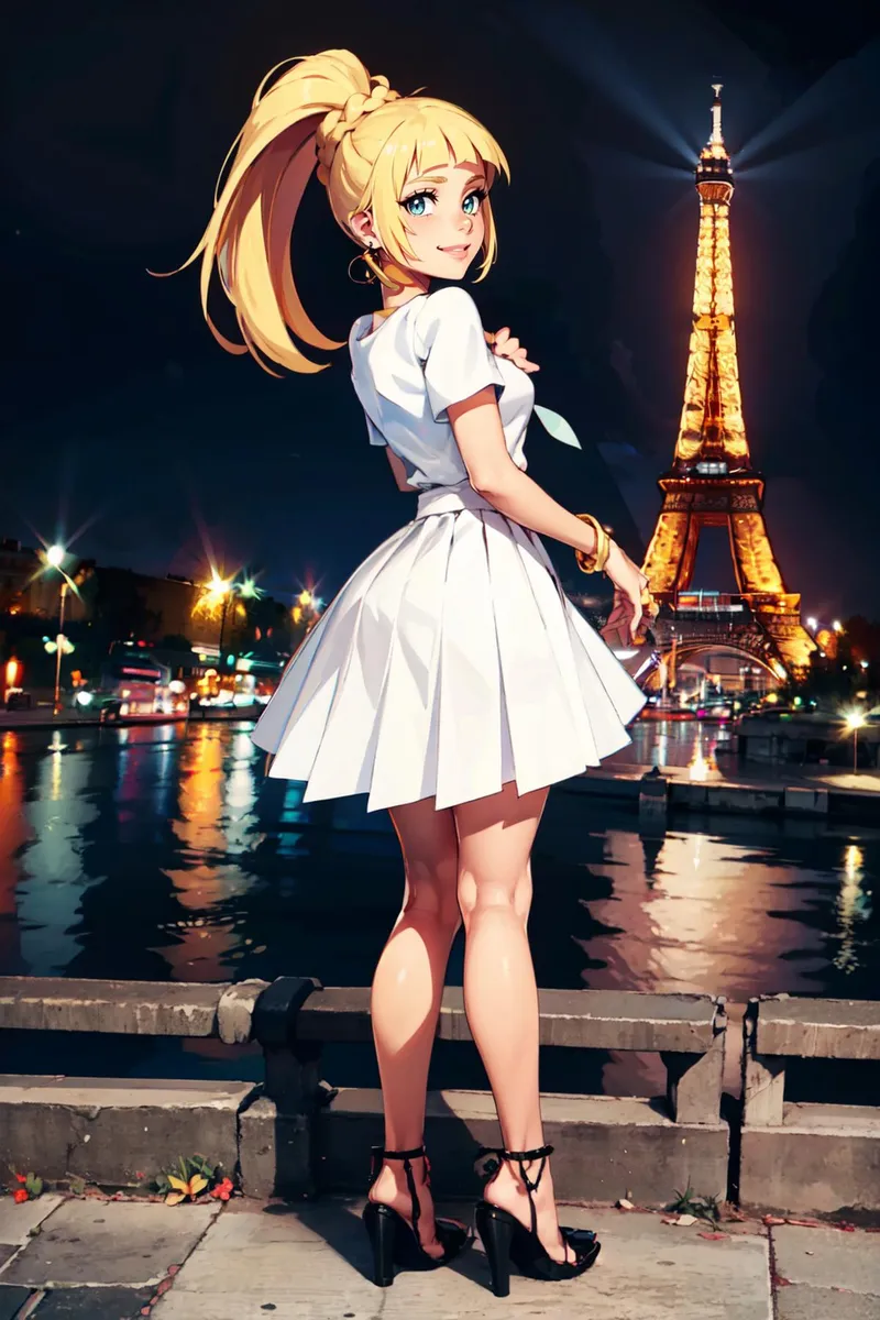 Anime girl with blonde hair in a ponytail, wearing a white dress and black high heels, standing near the Eiffel Tower at night, created using Stable Diffusion AI.