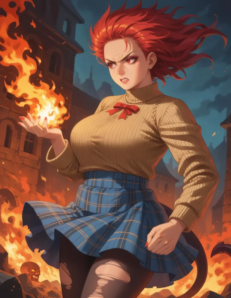 An AI generated image using Stable Diffusion featuring an anime girl with red hair, wearing a yellow sweater and blue plaid skirt, holding fire magic in a burning urban setting.