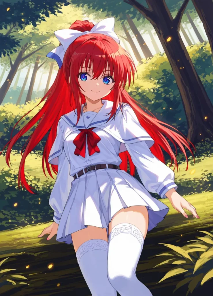 Anime girl with long red hair in a white sailor uniform standing in a sunlit forest, generated by AI using Stable Diffusion.