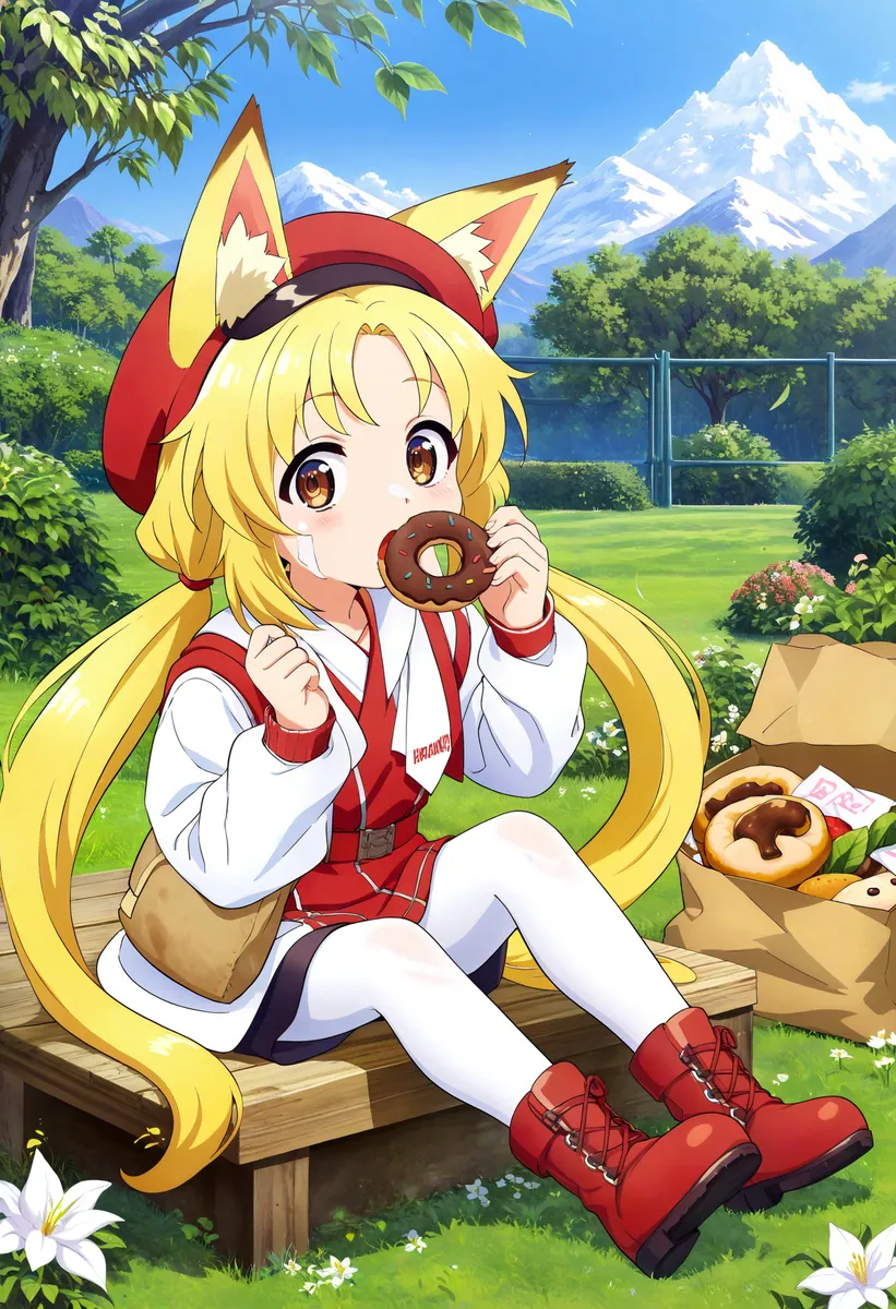 An AI generated image of an anime girl with fox ears and long blonde hair, wearing a red outfit and red boots, sitting on a wooden bench in a garden with a mountain in the background, eating a chocolate sprinkled donut.