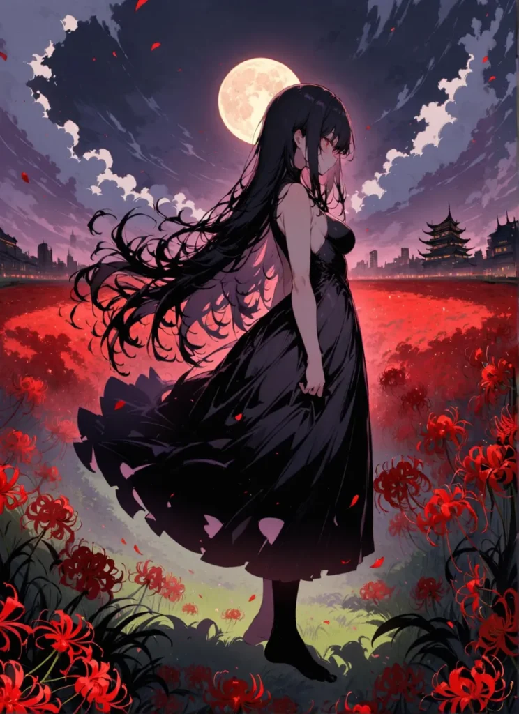 Anime girl with long black hair in a flowing dress standing among red flowers. A full moon illuminates the night sky in the background, urban structures and pagodas are visible on the horizon, ai generated image using stable diffusion.