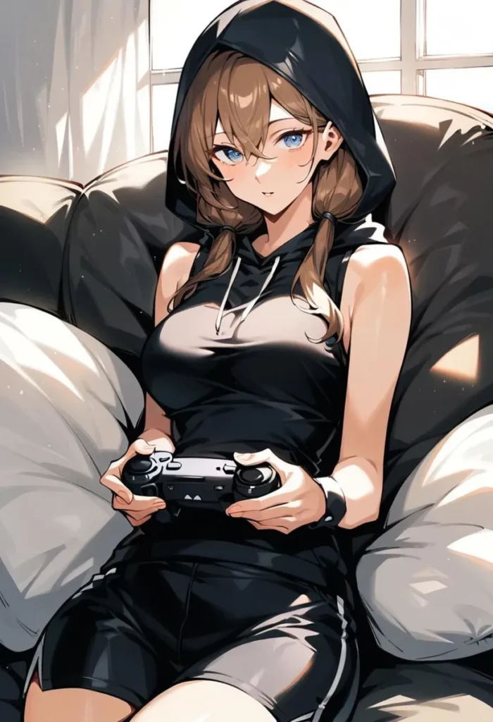 AI generated anime-style image of a girl with braids wearing a black hoodie, holding a gaming controller while sitting on a comfortable chair.