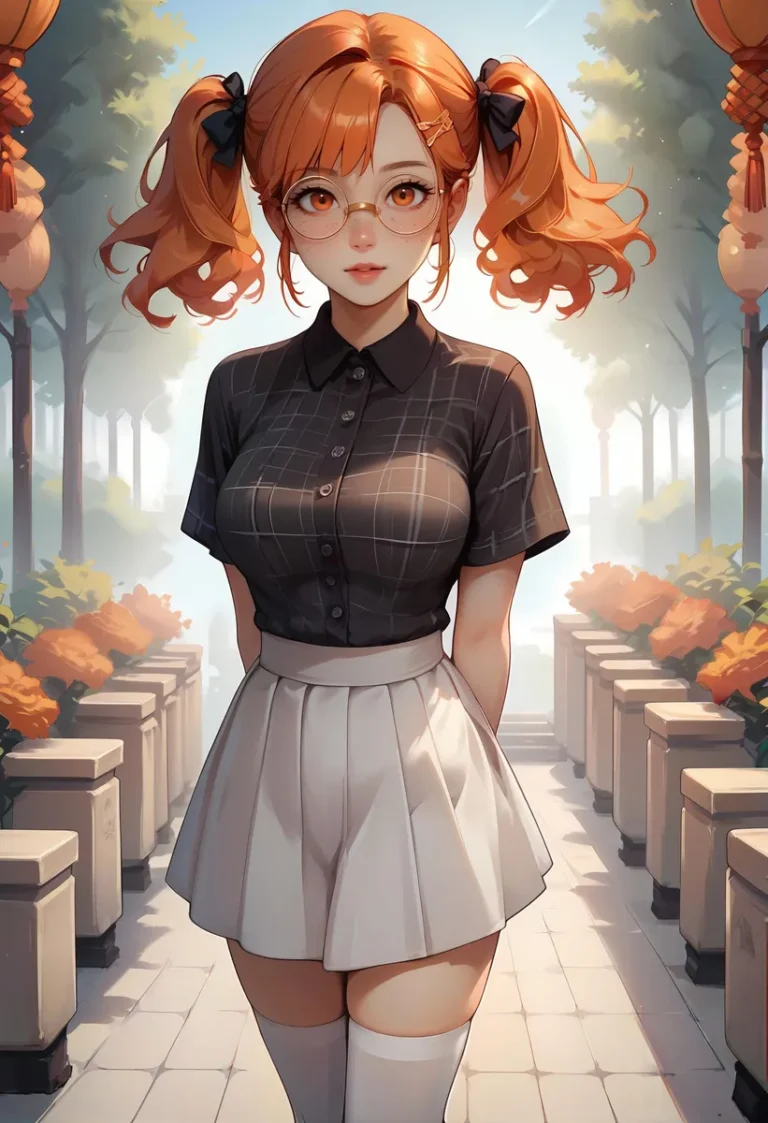 AI generated image using stable diffusion depicting a cute anime girl with orange hair in pigtails, wearing glasses, black shirt, white skirt, and knee-high socks, standing in a sunlit outdoor setting with trees and flowers.