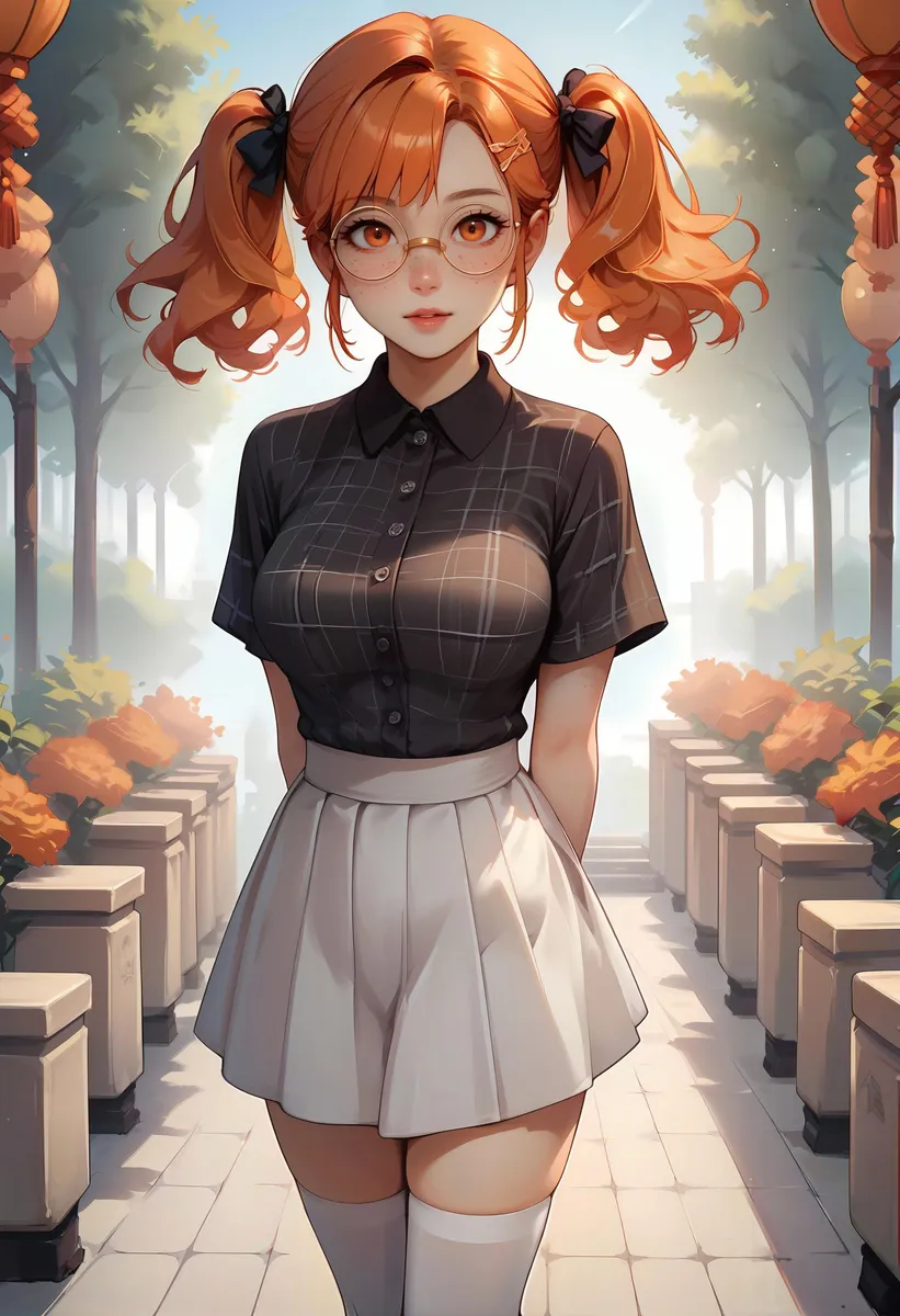 AI generated image using stable diffusion depicting a cute anime girl with orange hair in pigtails, wearing glasses, black shirt, white skirt, and knee-high socks, standing in a sunlit outdoor setting with trees and flowers.