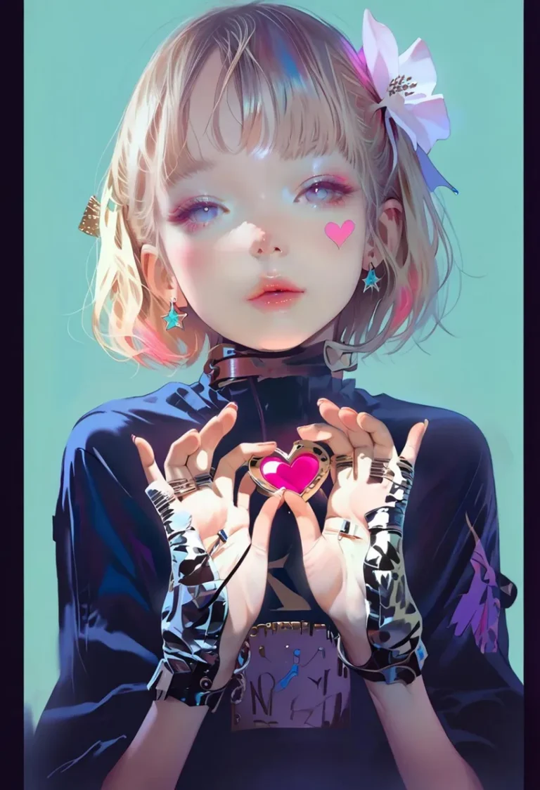 An AI generated image using stable diffusion featuring an anime girl with blonde hair holding a glowing heart-shaped charm. She has a flower in her hair and a heart sticker on her cheek.