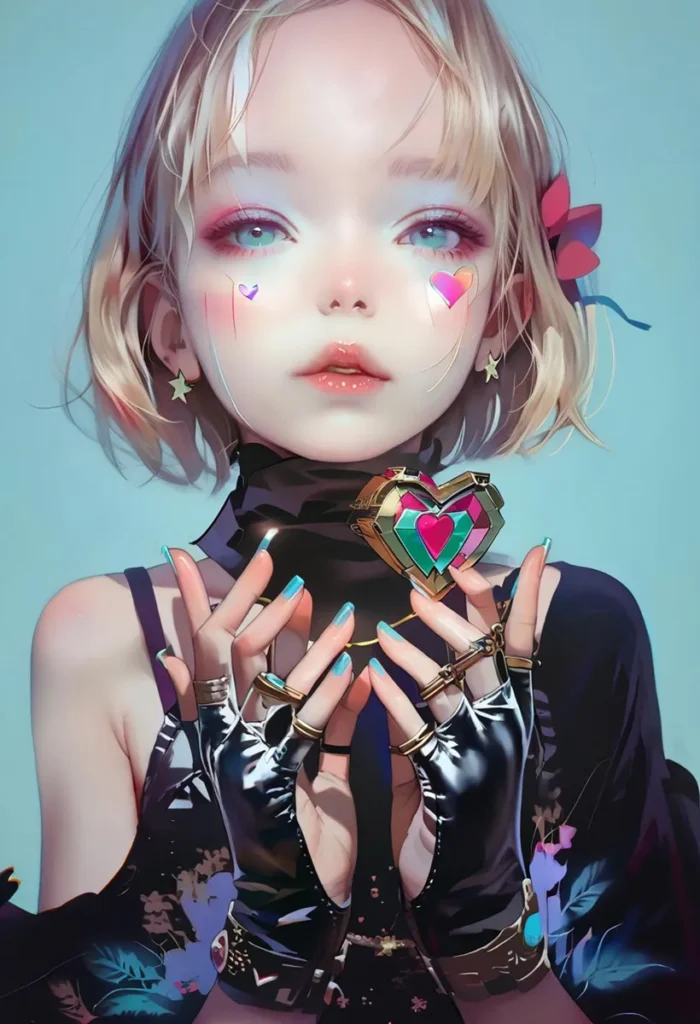 Anime girl holding a colorful heart locket with pastel colors and bright makeup. AI generated image using Stable Diffusion.
