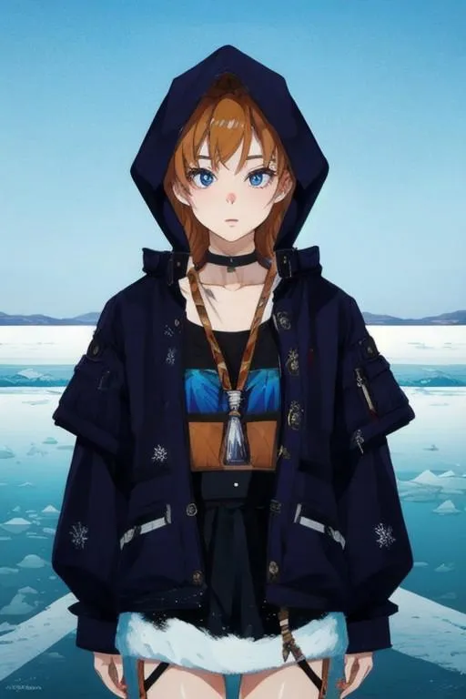AI-generated image of an anime-style girl standing by a frozen lake, dressed in a hooded jacket with fur details and a choker, using Stable Diffusion.