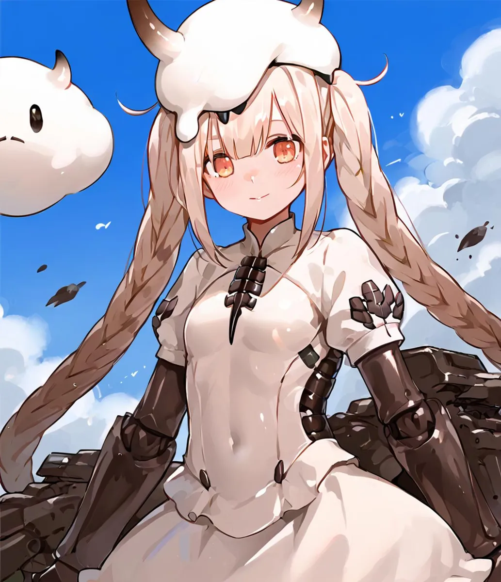 Cute anime girl with long blonde braids, wearing a white outfit, horned hat, and mechanical arm guards in a fantasy setting. AI generated image using Stable Diffusion.
