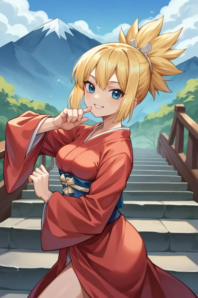 An anime-style image generated by AI using Stable Diffusion depicting a cheerful blonde girl with blue eyes in a traditional red kimono and blue obi. She stands on a staircase with a background featuring a majestic mountain and a clear blue sky.