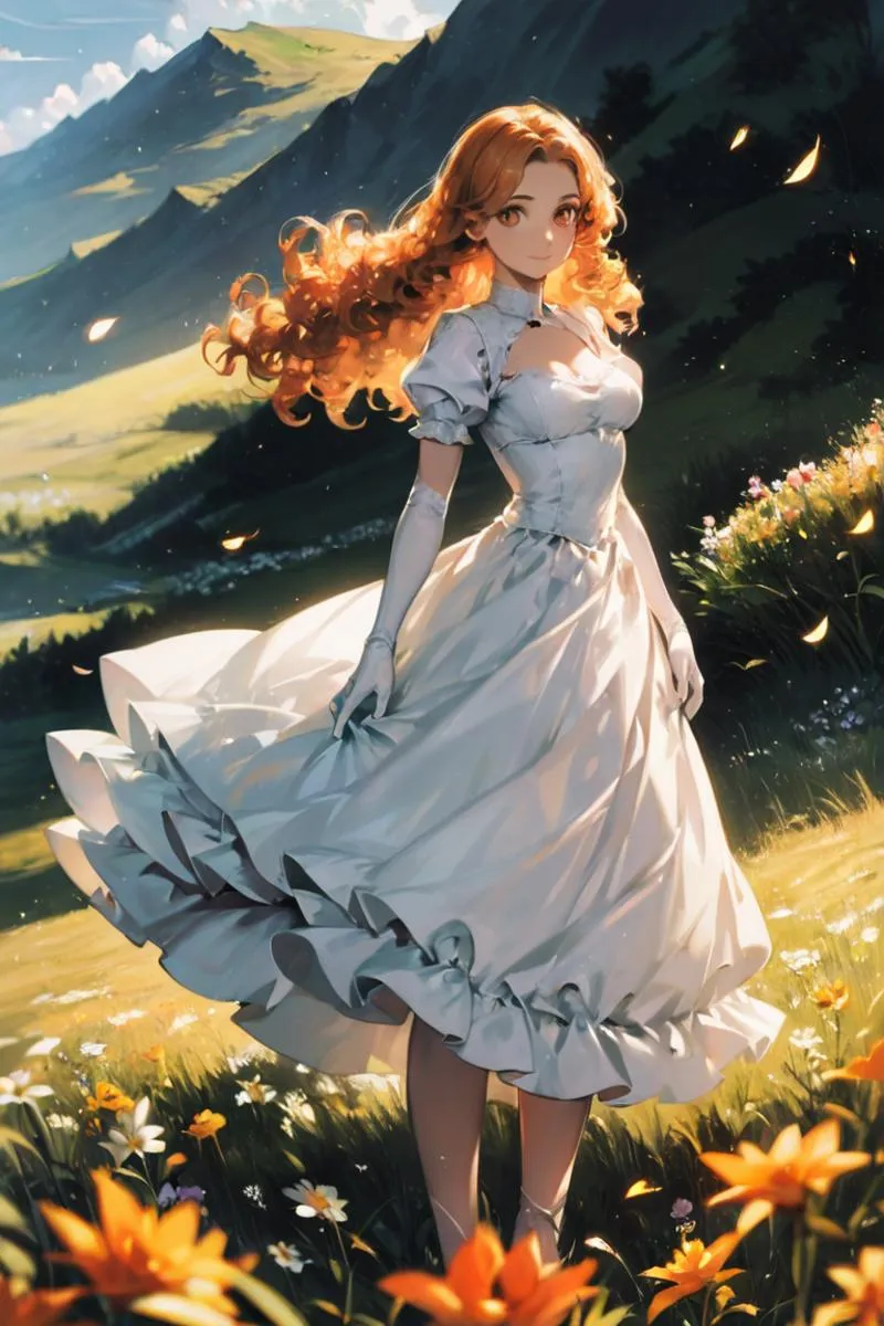 Anime girl with flowing red hair in a fluffy white dress standing in a romantic landscape with flowers and mountains, created using Stable Diffusion.