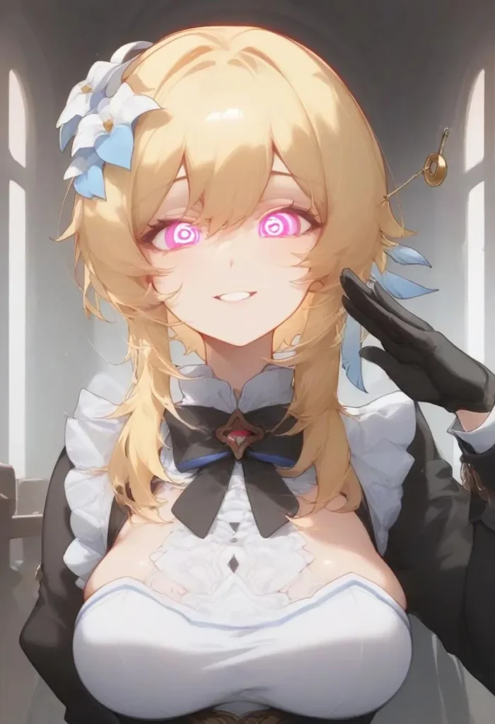 A fantasy anime girl with blonde hair and glowing pink eyes, dressed in a detailed maid outfit. Emphasizes AI generated image using Stable Diffusion.
