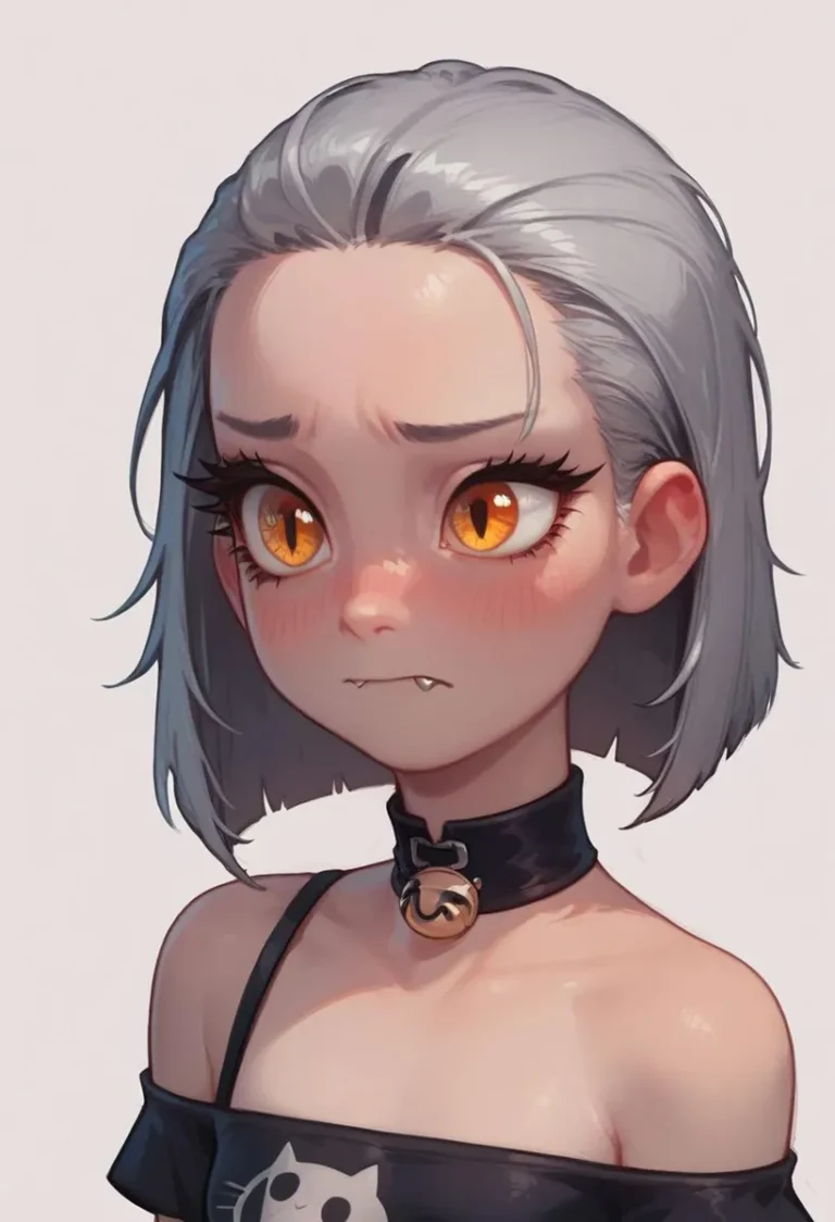 Anime-style girl with short gray hair, striking orange eyes, and delicate fangs, wearing a black off-shoulder top with a cat graphic and a black choker with a bell, AI image generated using stable diffusion.