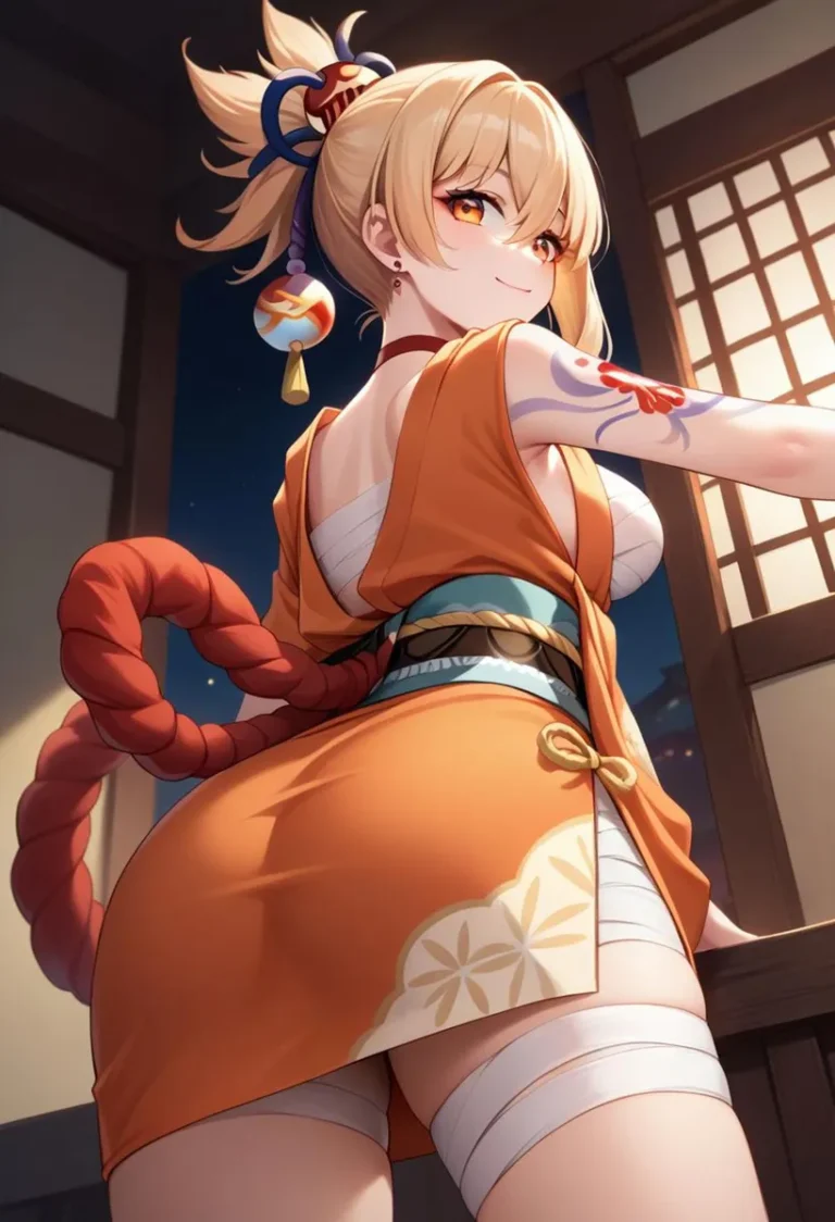Anime girl in an orange outfit with a large ribbon and bun hairstyle, smiling confidently. AI generated image using Stable Diffusion.