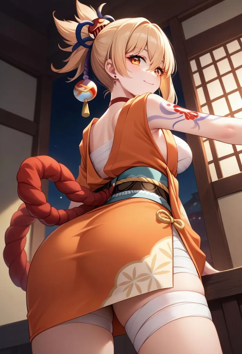 Anime girl in an orange outfit with a large ribbon and bun hairstyle, smiling confidently. AI generated image using Stable Diffusion.