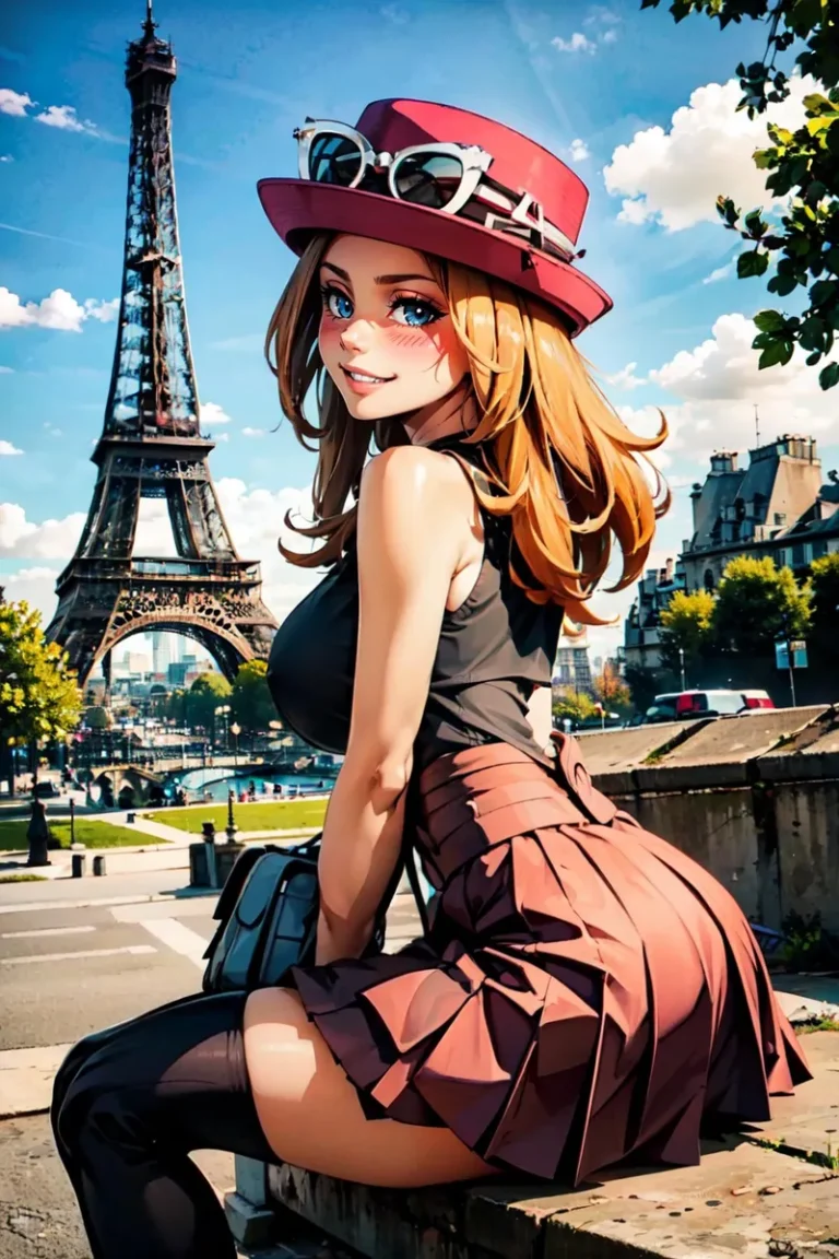 Anime-style girl with red hat and glasses, sitting in front of the Eiffel Tower in Paris, AI generated using Stable Diffusion.