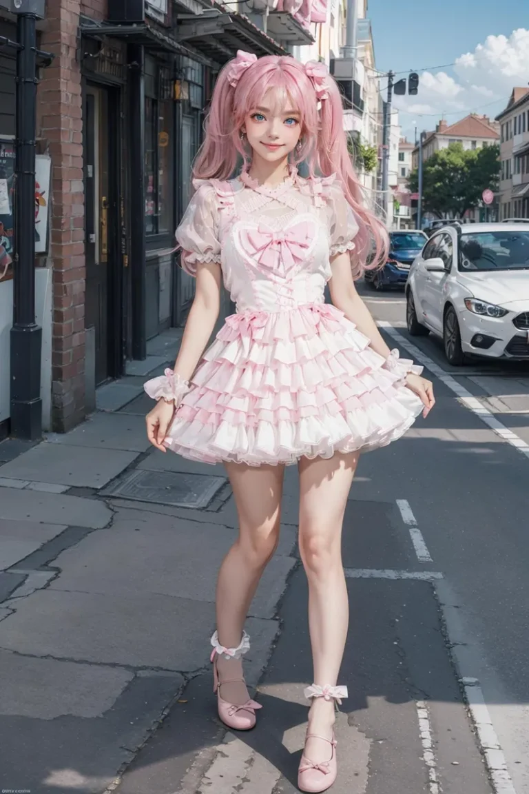 AI generated image of an anime girl in a frilly pink dress standing on a city street. Her outfit includes a lacy white and pink dress with bows, white socks, and pink shoes, created with Stable Diffusion.