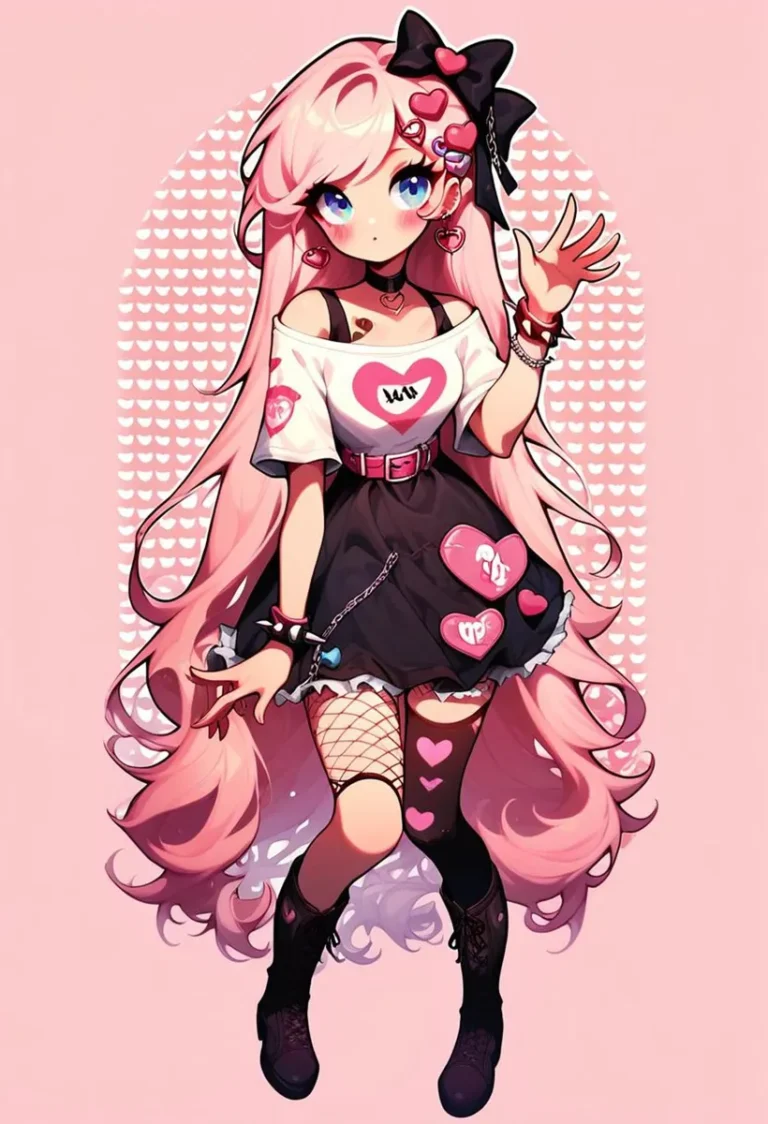 Anime-style girl with long pink hair and heart-themed dress, AI generated using stable diffusion.
