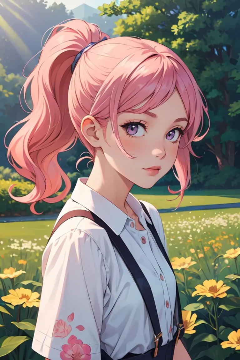 An AI-generated image of an anime girl with pink hair in a flower field, created using Stable Diffusion.