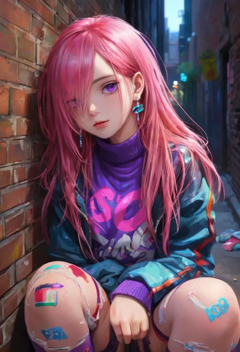 AI generated anime girl with long pink hair, wearing a purple turtleneck and a teal jacket, sitting against a brick wall in a narrow alleyway.