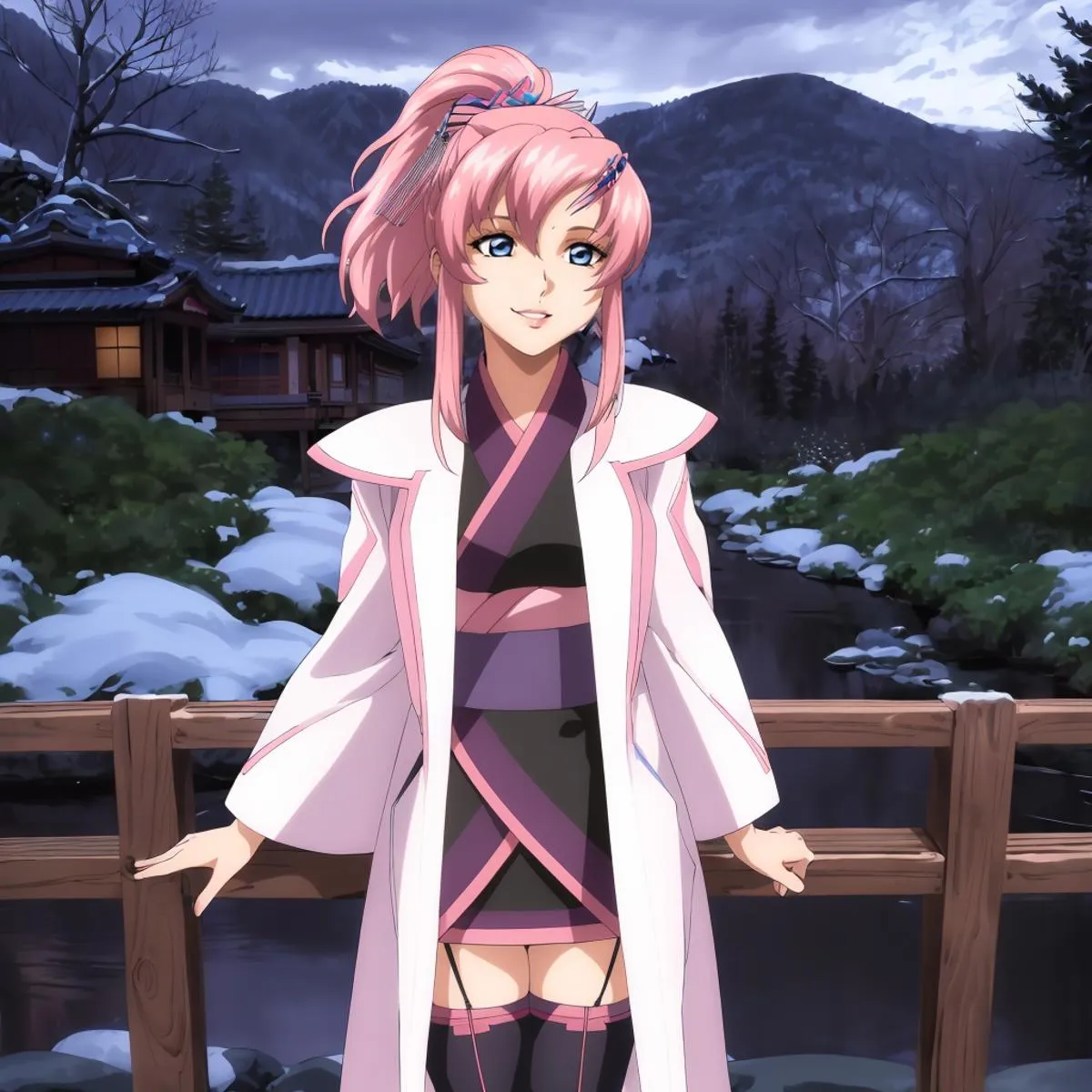 Anime girl with pink hair wearing a white and pink outfit, standing on a wooden bridge with a snowy winter landscape in the background, generated by AI using Stable Diffusion.