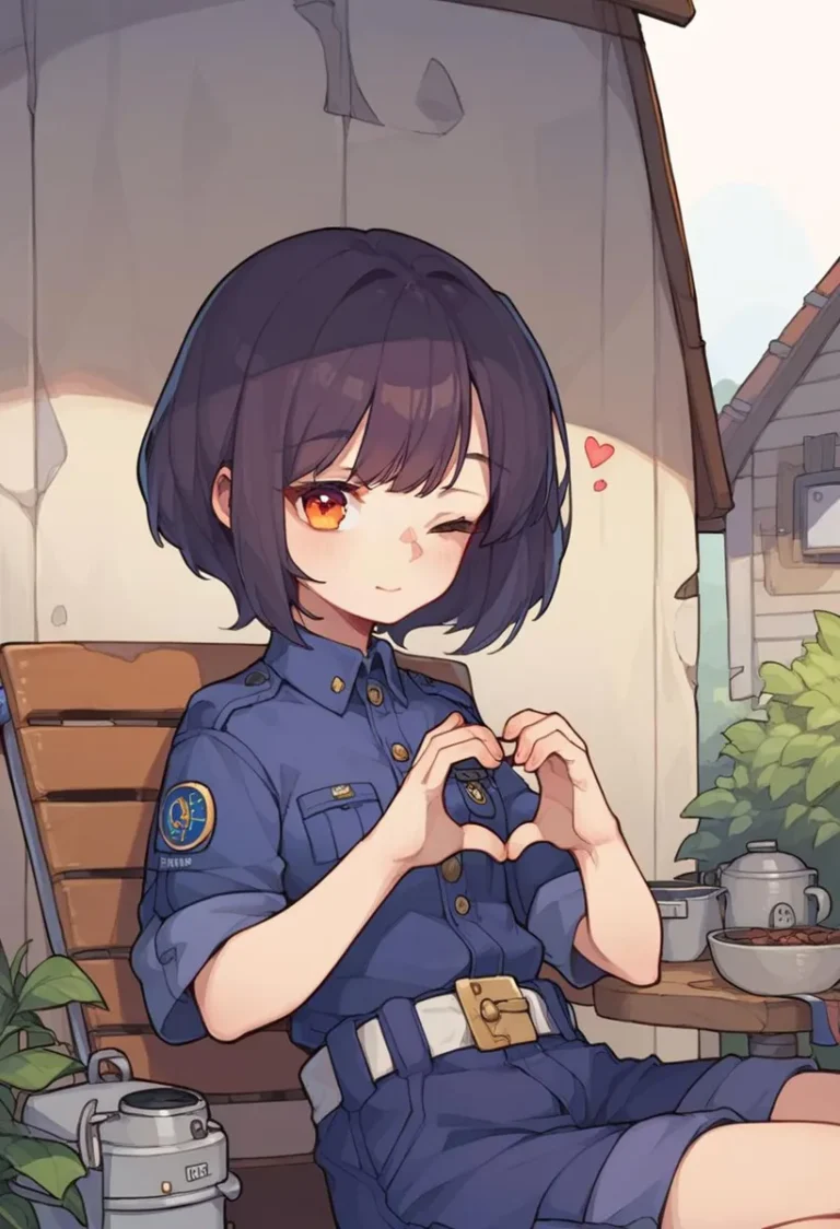 Anime girl with short dark hair, dressed in a blue police uniform, sitting on a bench and smiling while forming a heart symbol with her hands. AI generated image using stable diffusion.